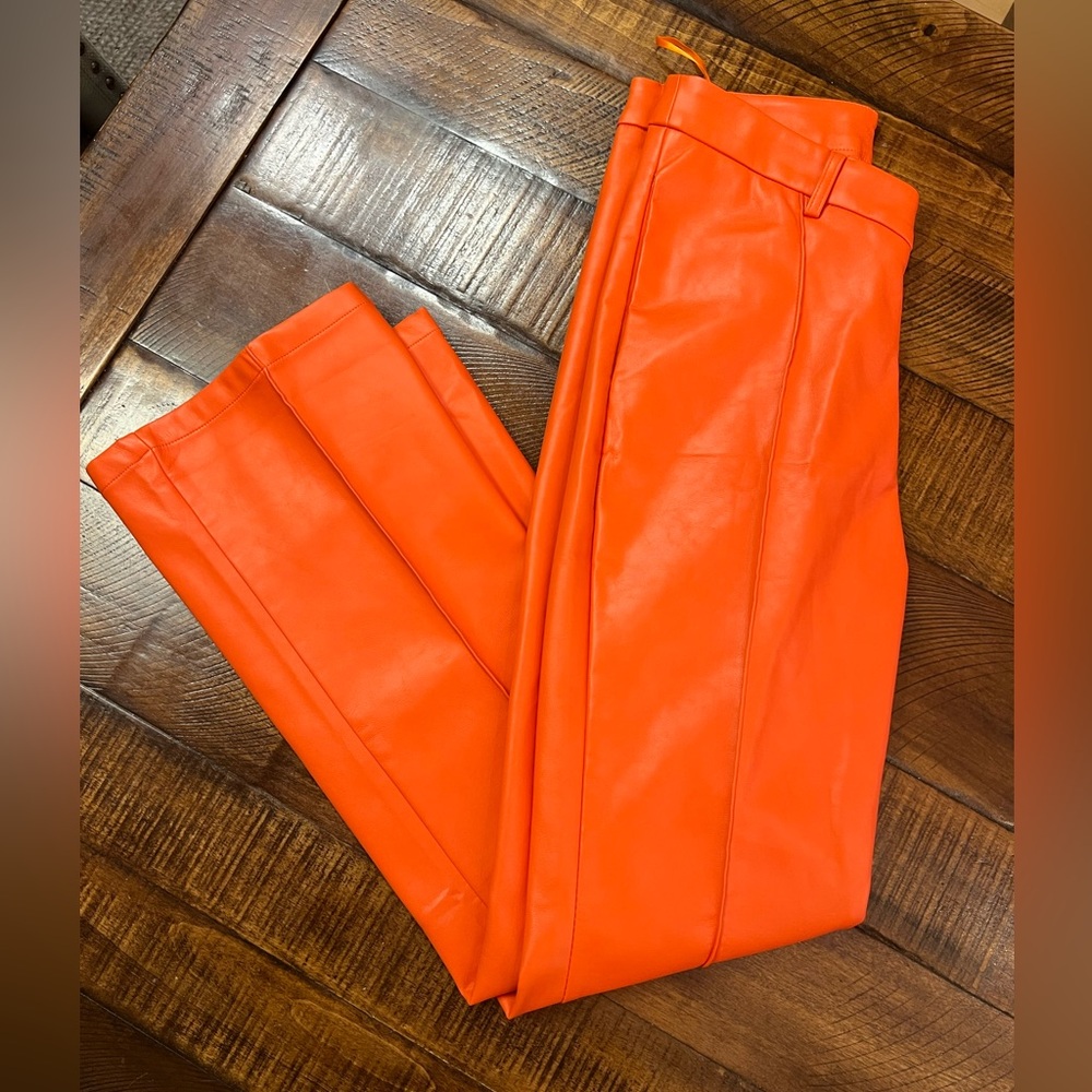 Vibrant Orange Faux Leather Pants